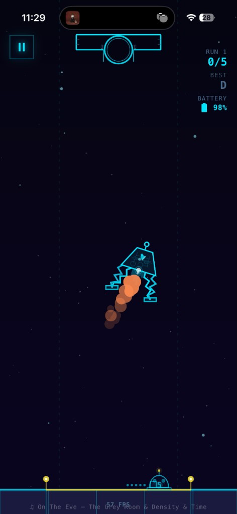 In-flight gameplay with thrusters firing toward the landing pad