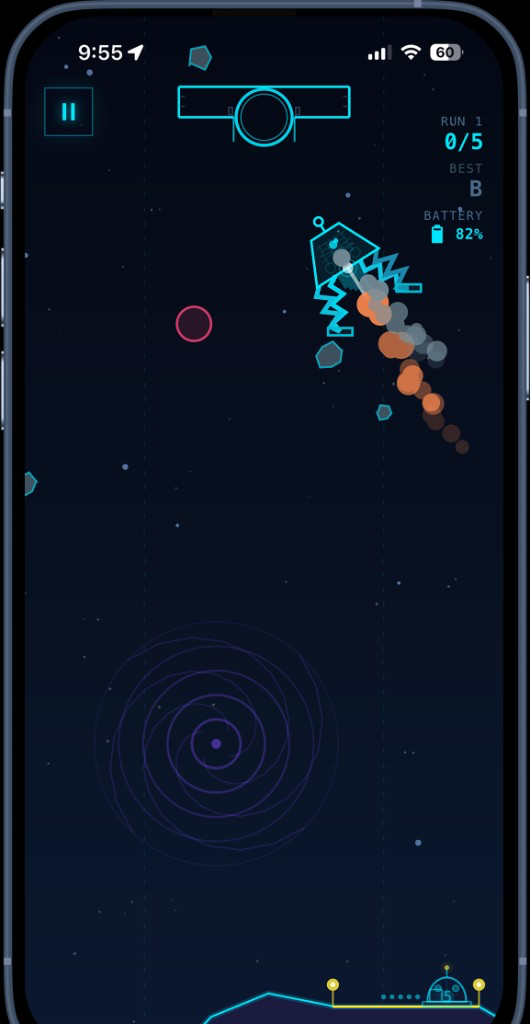 Lunar Rescue gameplay on iPhone — lander descending toward the pad