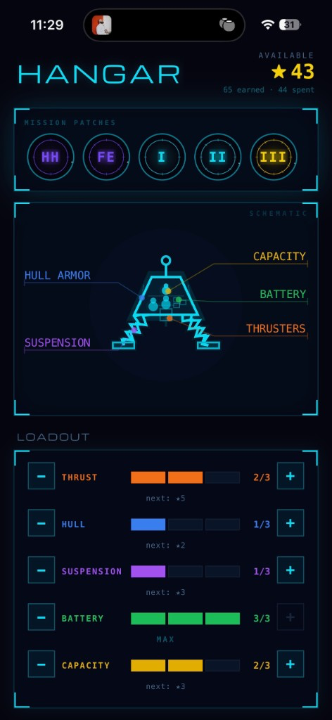 Hangar screen with lander upgrades and loadout